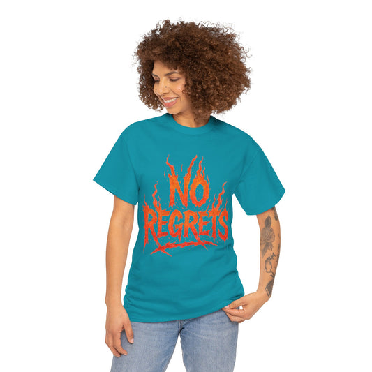 Graphic Tee — 'No Regrets' / 'Proof of Survival' Flame Text Shirt