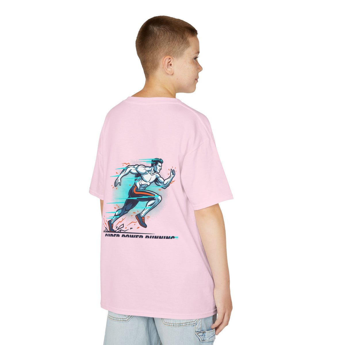 Kids Super Power T-Shirt — Lightning Bolt Badge & Running Superhero Graphic