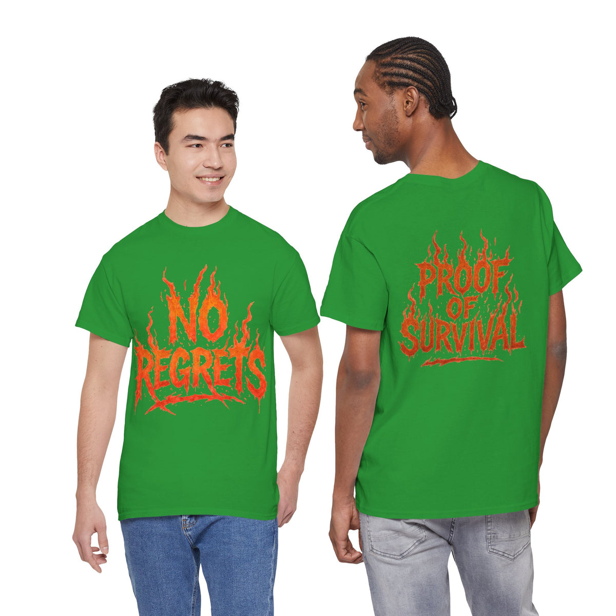 Graphic Tee — 'No Regrets' / 'Proof of Survival' Flame Text Shirt
