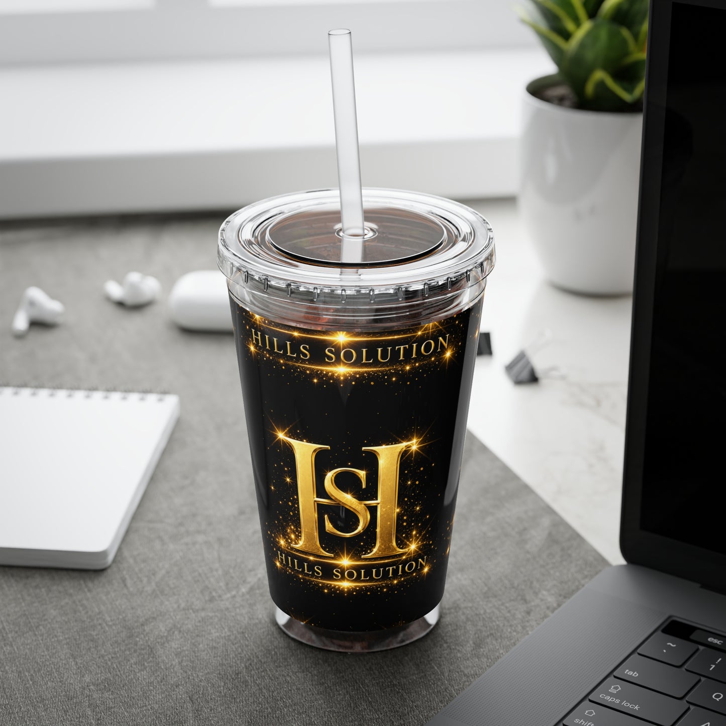 16oz Sunsplash Straw Tumbler — Gold 'HS' Logo Insulated Cup