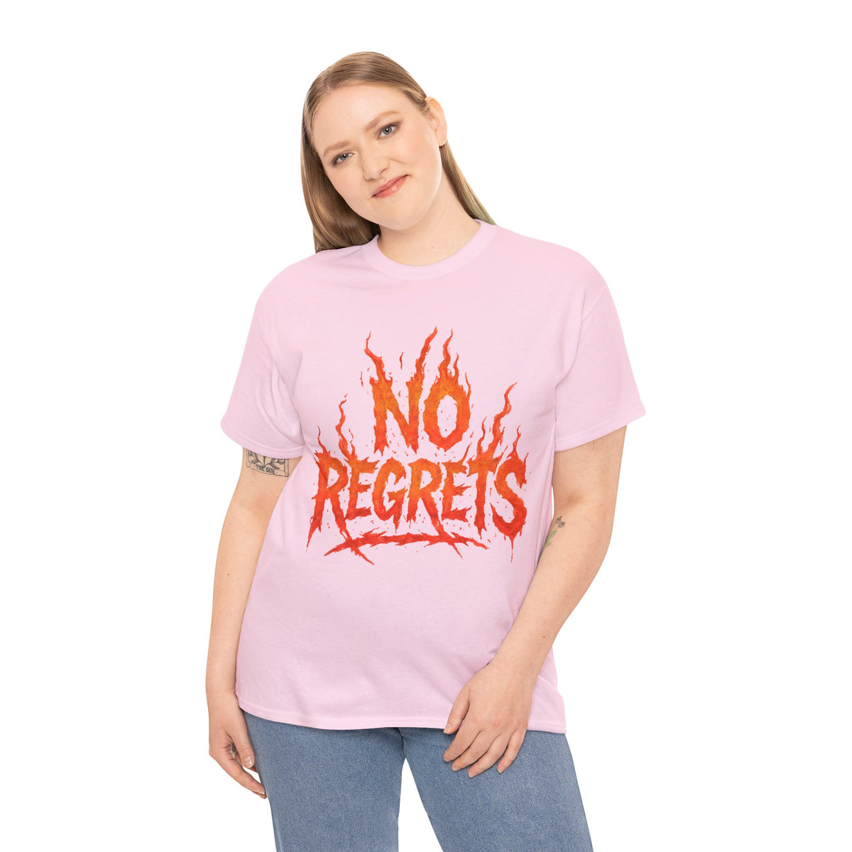 Graphic Tee — 'No Regrets' / 'Proof of Survival' Flame Text Shirt