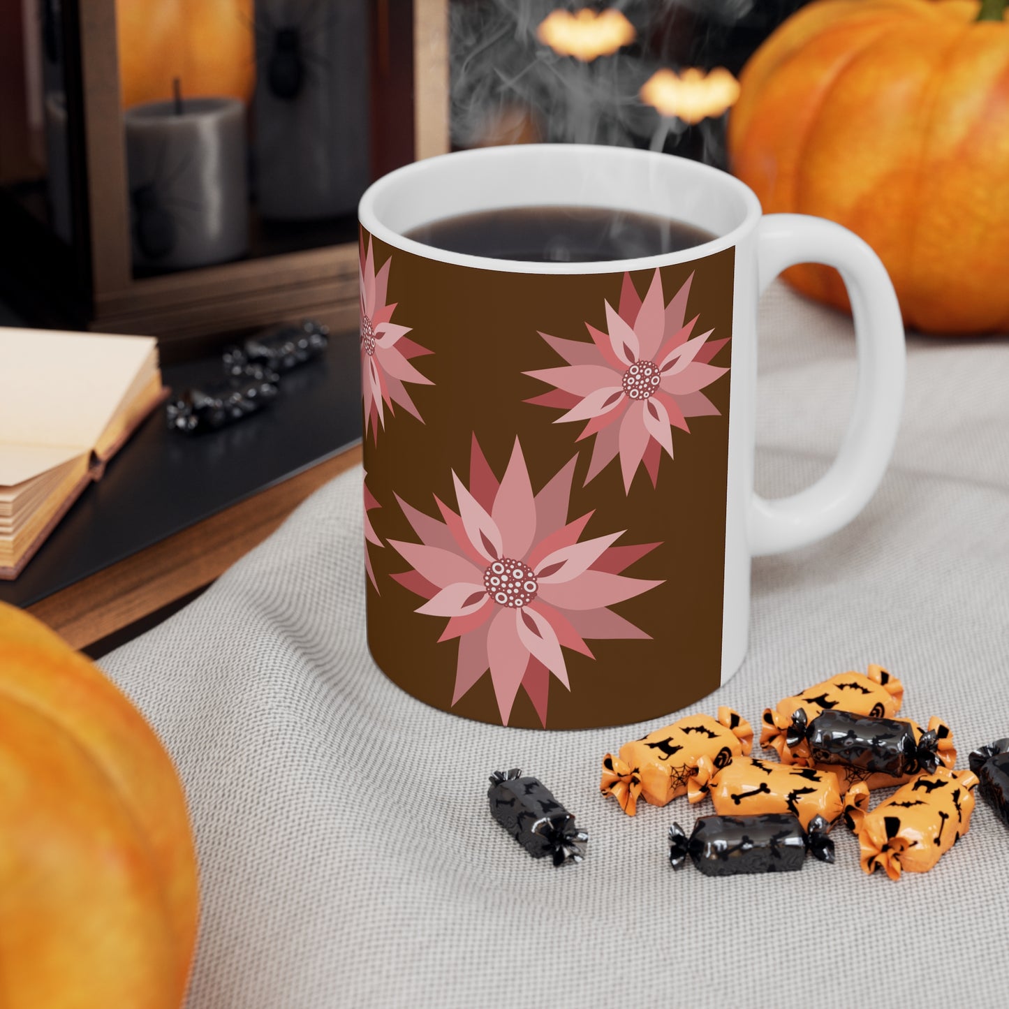 Floral Ceramic Coffee Mug — Pink Poinsettia Pattern (11oz & 15oz)