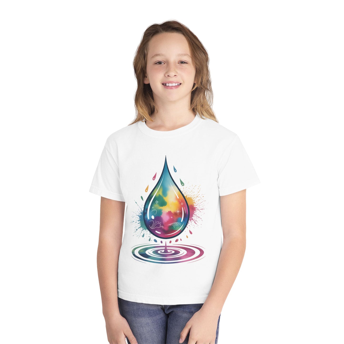 Colorful Nature Youth Tee - Artistic Water Droplet & Whimsical Deer Design