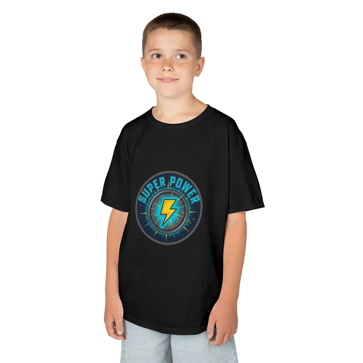 Kids Super Power T-Shirt — Lightning Bolt Badge & Running Superhero Graphic