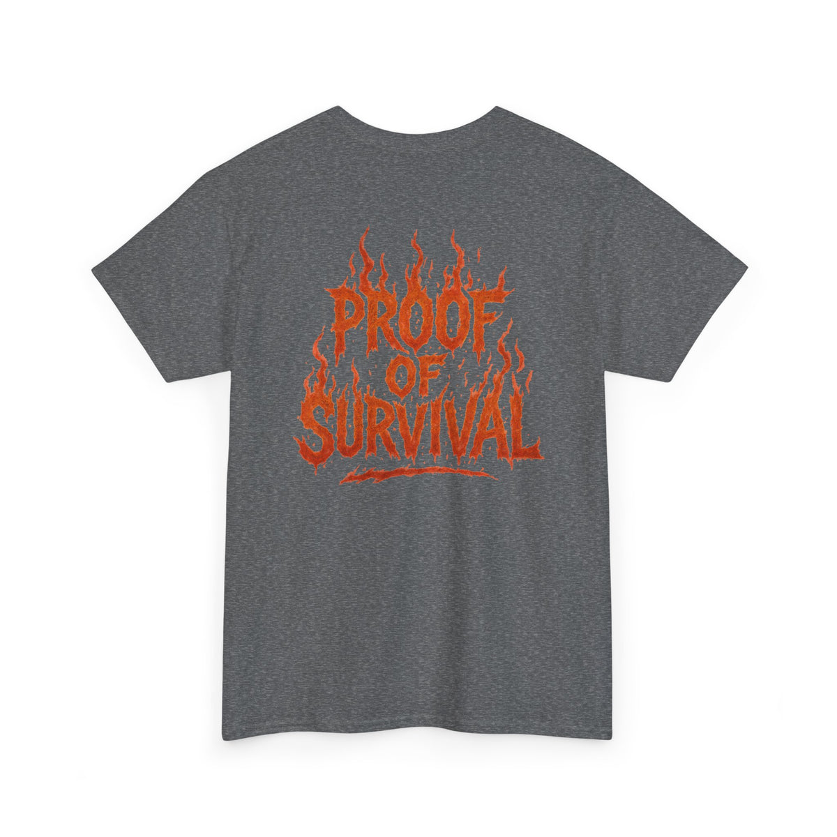 Graphic Tee — 'No Regrets' / 'Proof of Survival' Flame Text Shirt