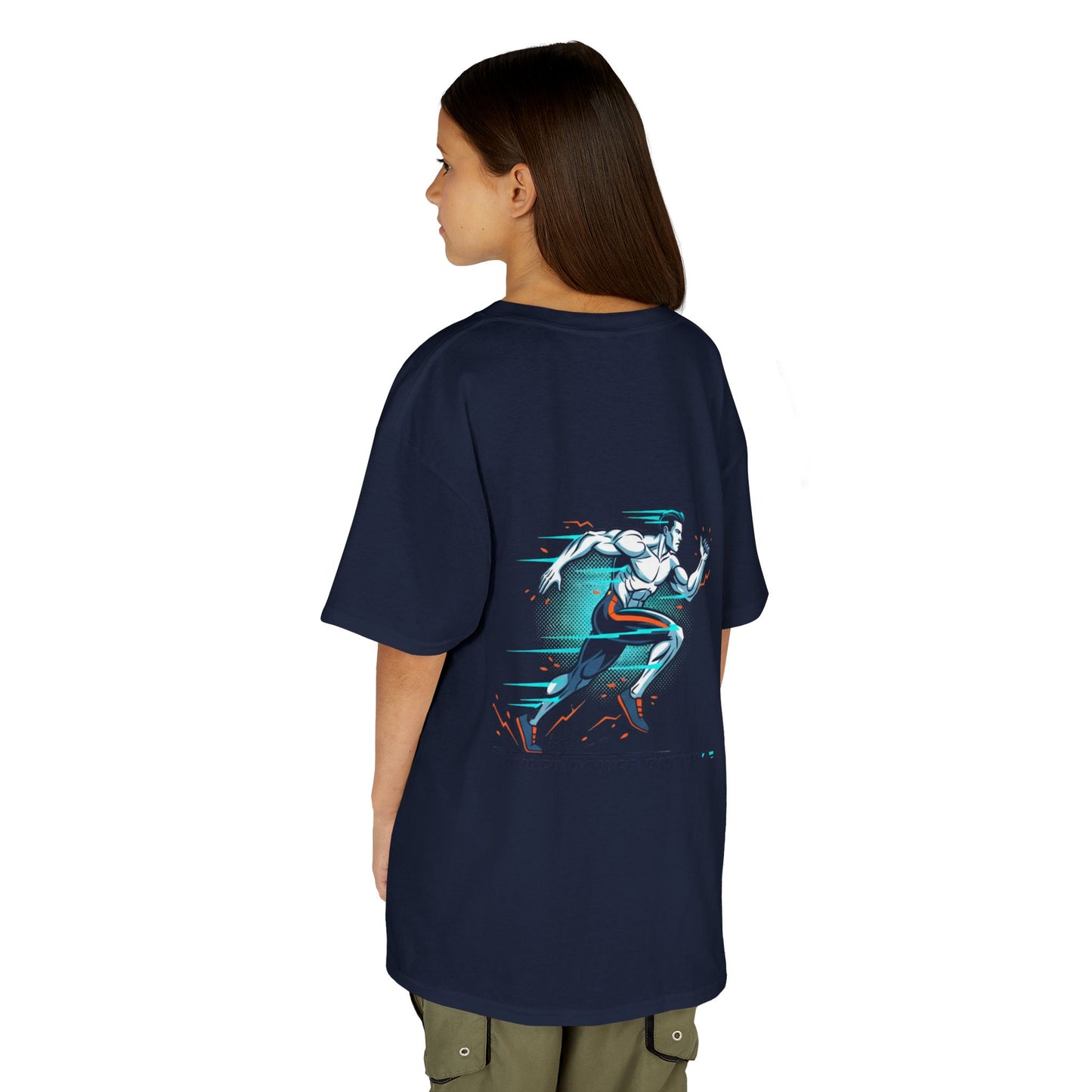 Kids Super Power T-Shirt — Lightning Bolt Badge & Running Superhero Graphic