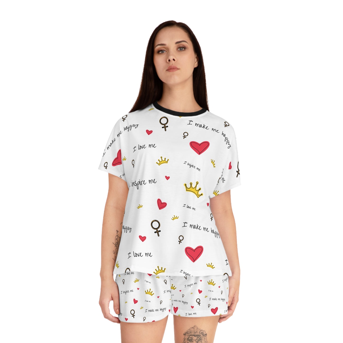 Women's Short Pajama Set - Self-Love Charm, Cozy Sleepwear, Heart and Crown Designs, Perfect for Girlfriend Gifts, Relaxed Lounging, [...]
