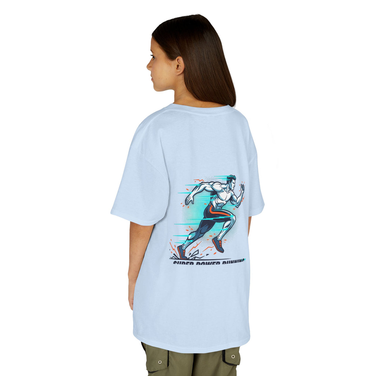 Kids Super Power T-Shirt — Lightning Bolt Badge & Running Superhero Graphic
