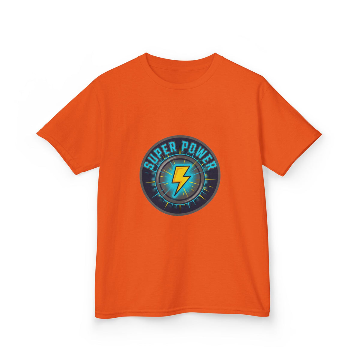 Kids Super Power T-Shirt — Lightning Bolt Badge & Running Superhero Graphic