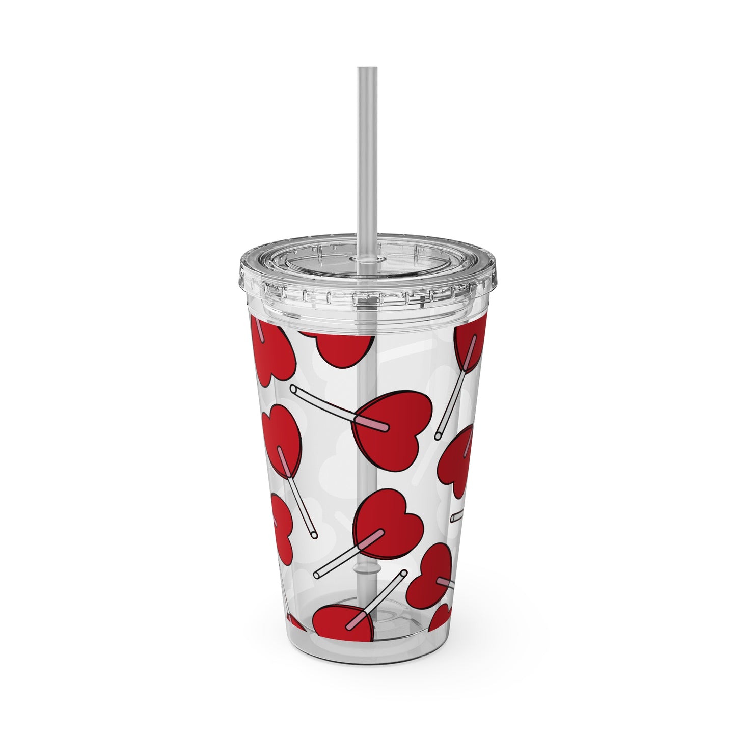 Heart Lollipop 16oz Tumbler with Straw — Valentine Candy Pattern Cold Cup