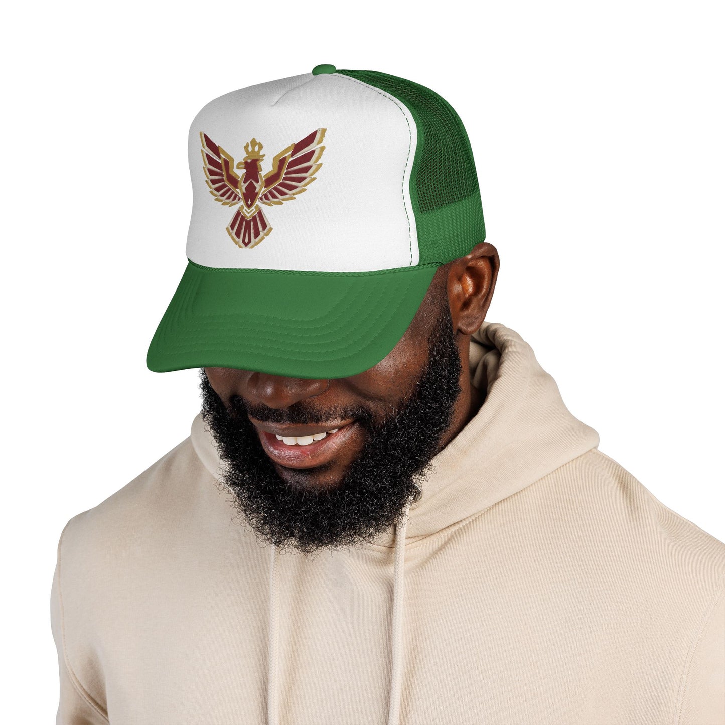 Phoenix Emblem Trucker Cap — Retro Red & Gold Bird Patch Hat