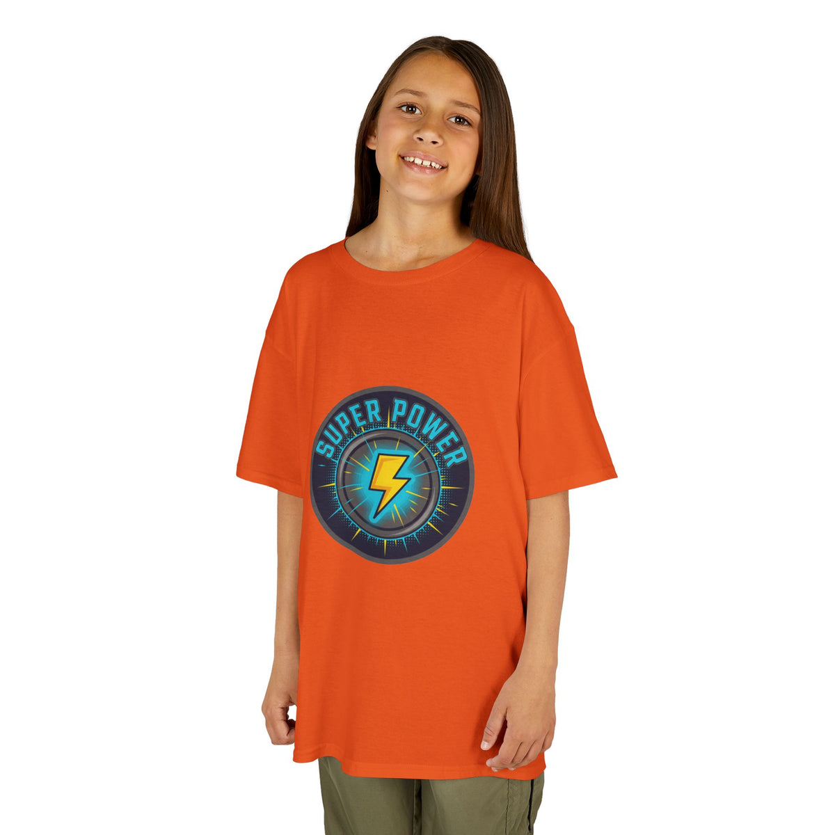 Kids Super Power T-Shirt — Lightning Bolt Badge & Running Superhero Graphic