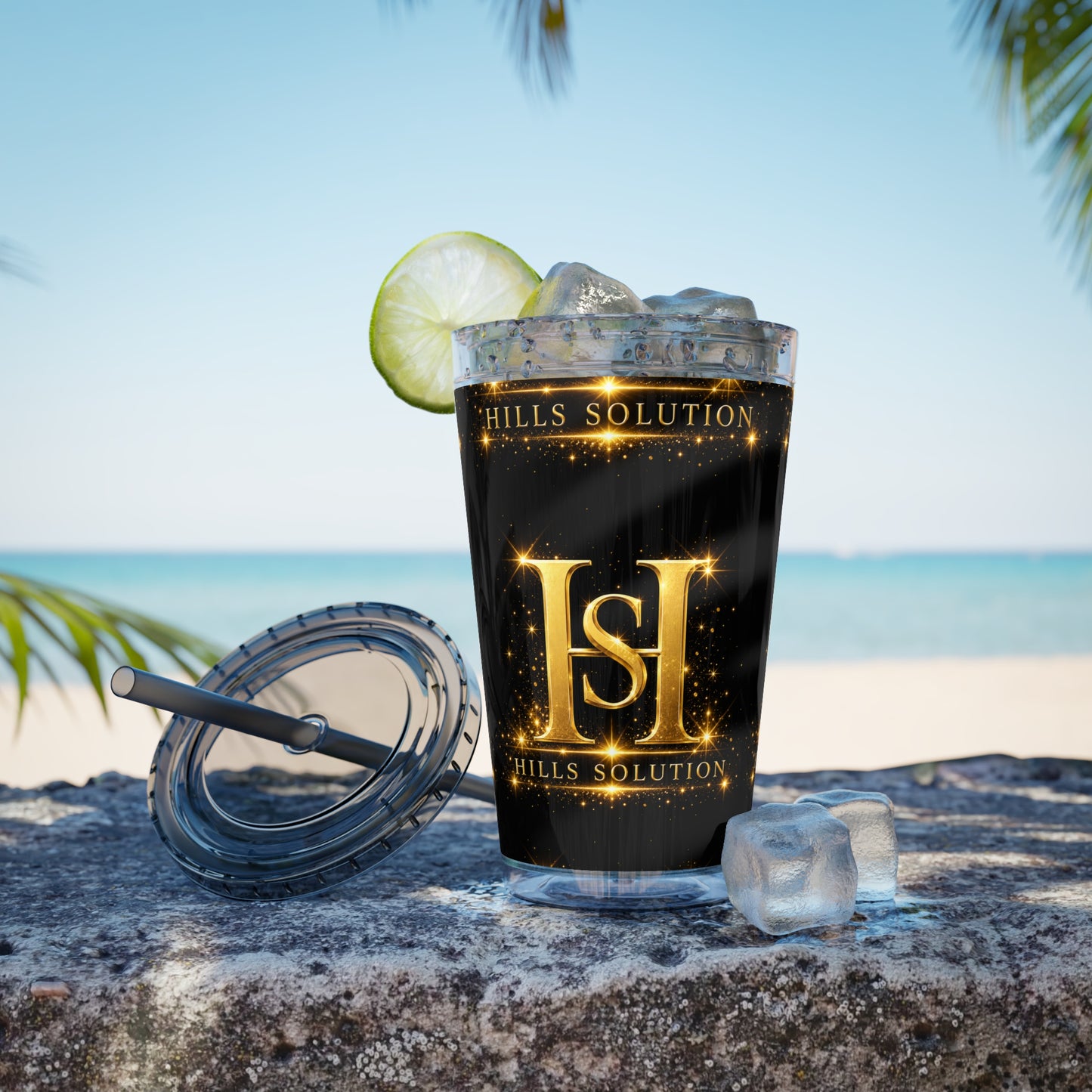 16oz Sunsplash Straw Tumbler — Gold 'HS' Logo Insulated Cup