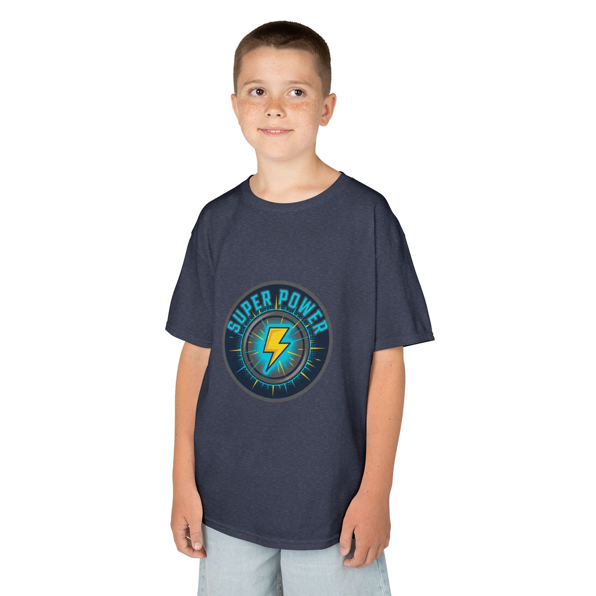Kids Super Power T-Shirt — Lightning Bolt Badge & Running Superhero Graphic
