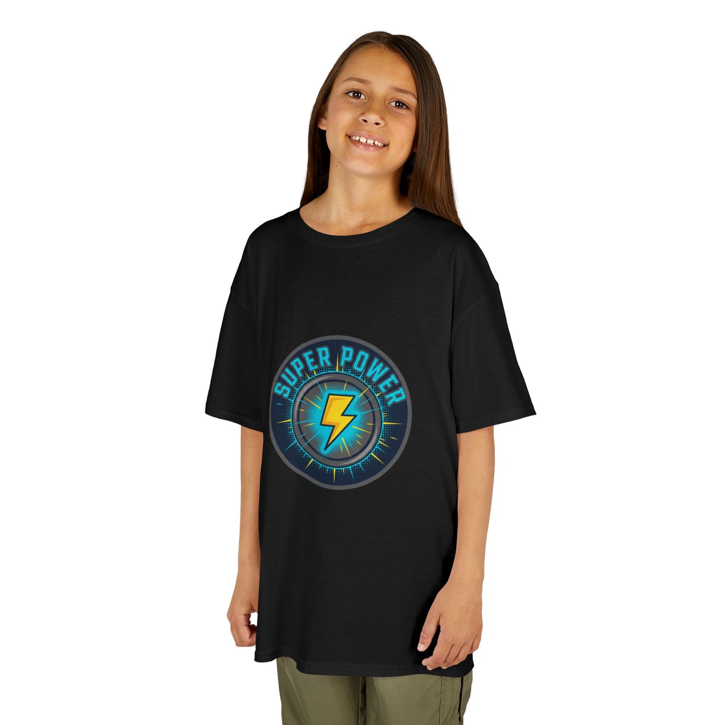 Kids Super Power T-Shirt — Lightning Bolt Badge & Running Superhero Graphic
