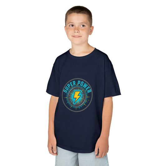 Kids Super Power T-Shirt — Lightning Bolt Badge & Running Superhero Graphic