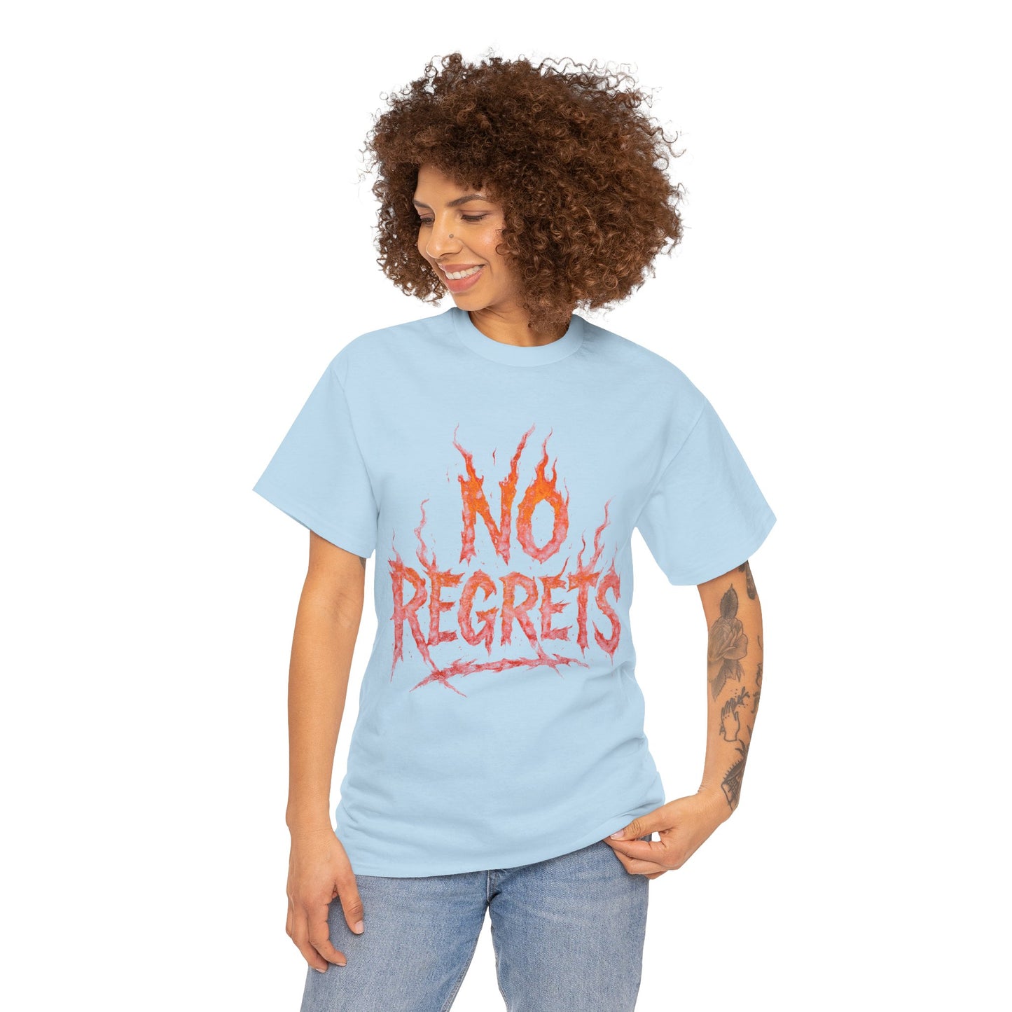 Graphic Tee — 'No Regrets' / 'Proof of Survival' Flame Text Shirt
