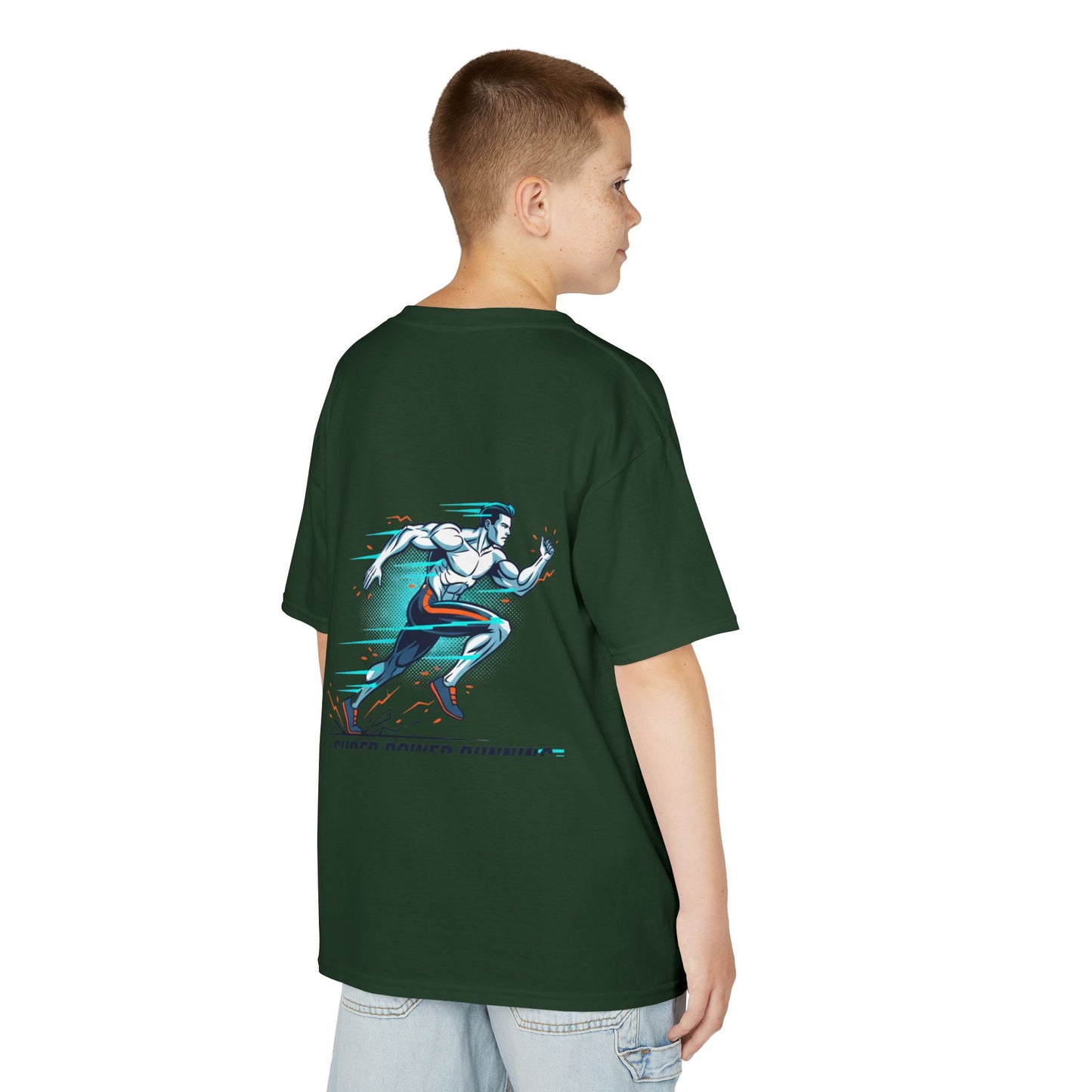 Kids Super Power T-Shirt — Lightning Bolt Badge & Running Superhero Graphic