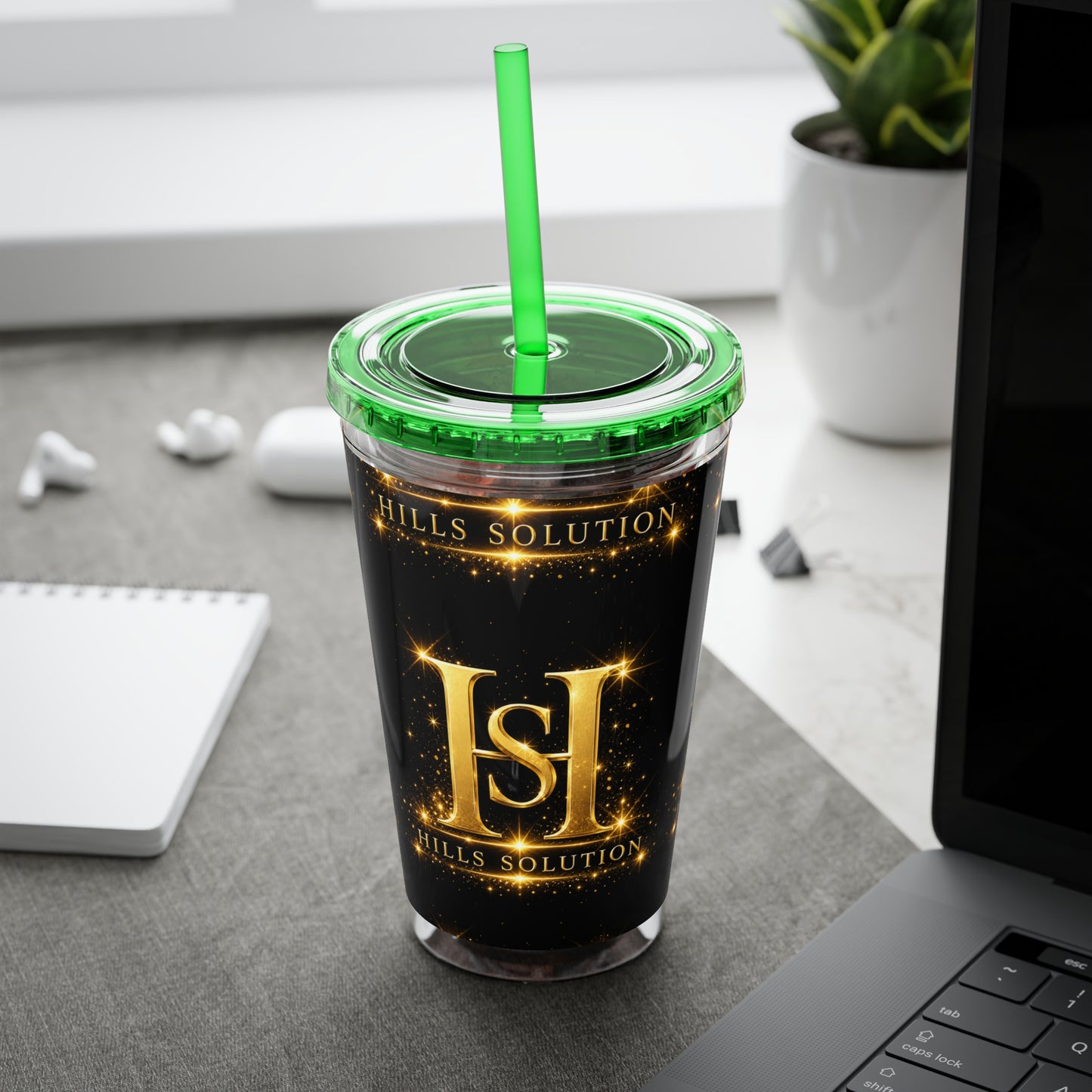 16oz Sunsplash Straw Tumbler — Gold 'HS' Logo Insulated Cup