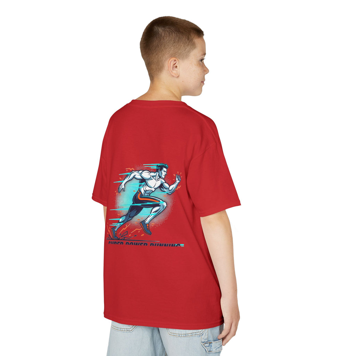 Kids Super Power T-Shirt — Lightning Bolt Badge & Running Superhero Graphic