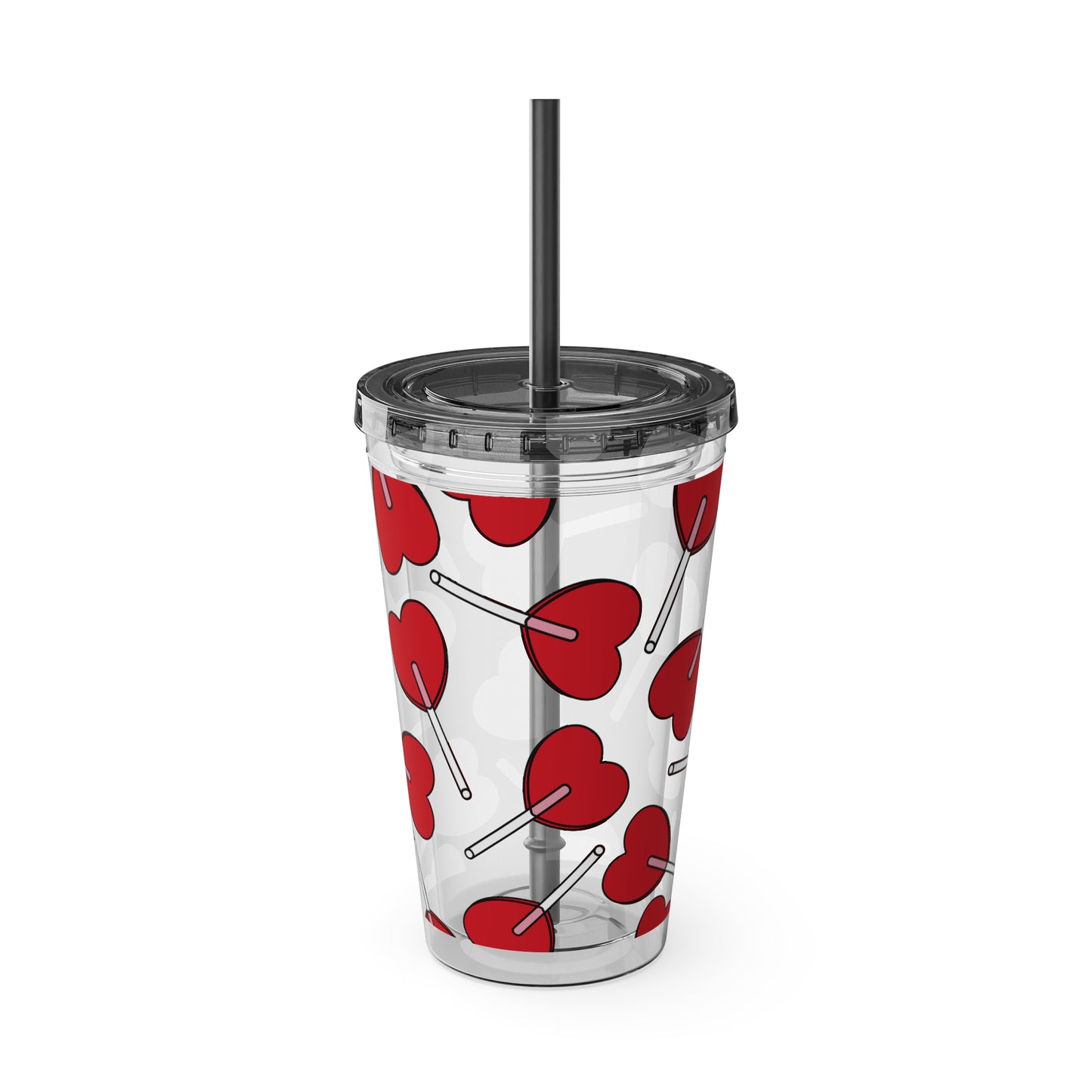 Heart Lollipop 16oz Tumbler with Straw — Valentine Candy Pattern Cold Cup