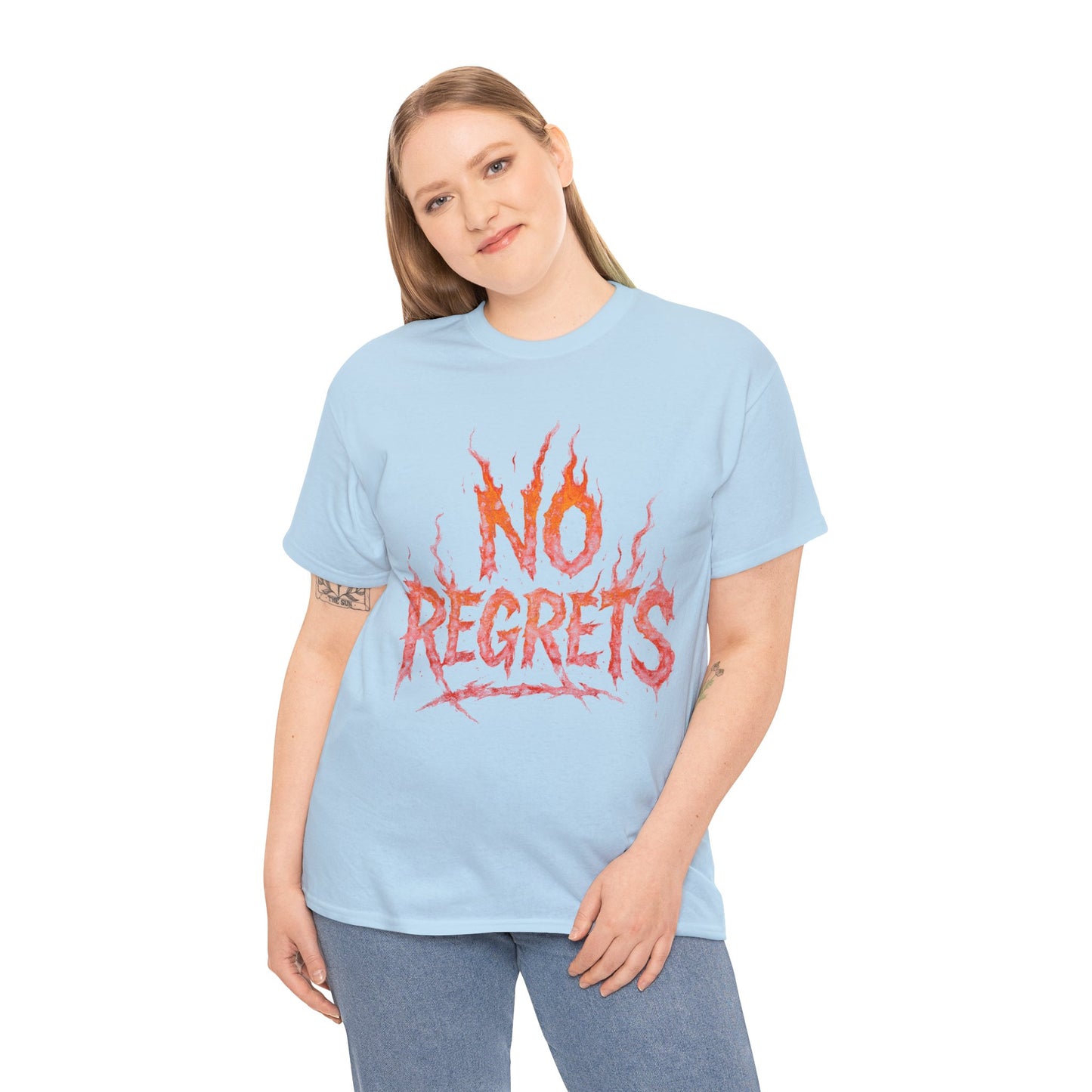 Graphic Tee — 'No Regrets' / 'Proof of Survival' Flame Text Shirt