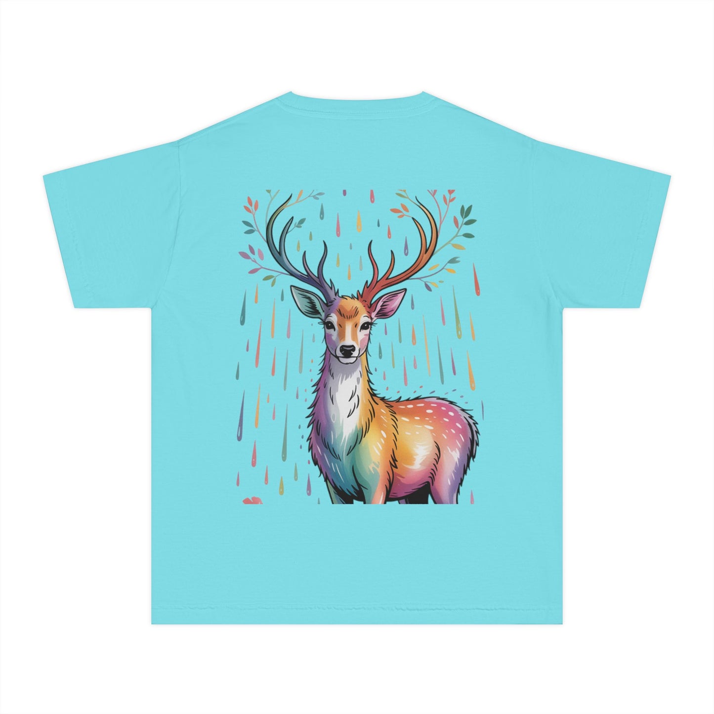 Colorful Nature Youth Tee - Artistic Water Droplet & Whimsical Deer Design
