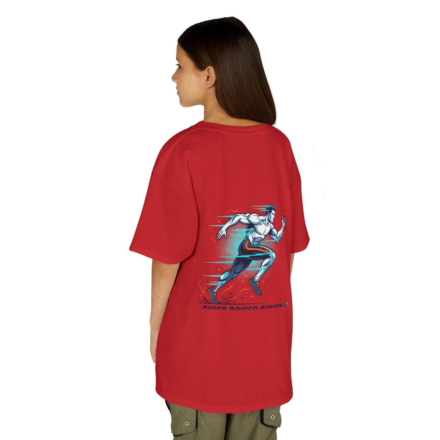 Kids Super Power T-Shirt — Lightning Bolt Badge & Running Superhero Graphic