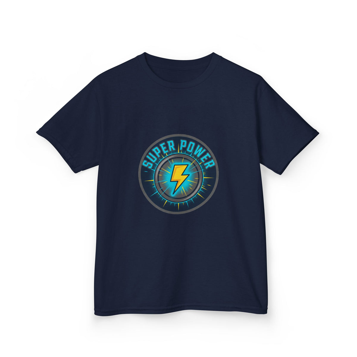 Kids Super Power T-Shirt — Lightning Bolt Badge & Running Superhero Graphic