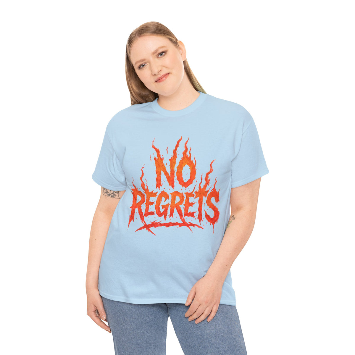 Graphic Tee — 'No Regrets' / 'Proof of Survival' Flame Text Shirt