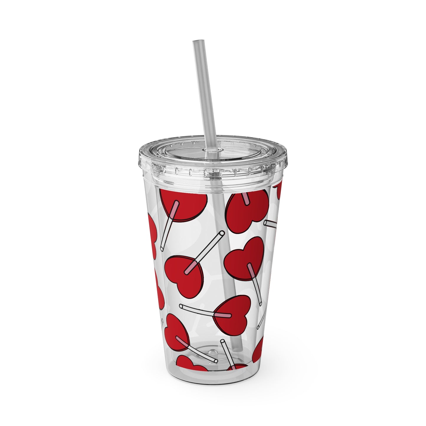 Heart Lollipop 16oz Tumbler with Straw — Valentine Candy Pattern Cold Cup