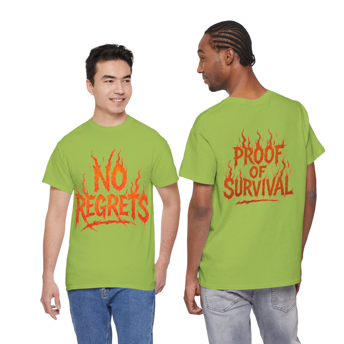 Graphic Tee — 'No Regrets' / 'Proof of Survival' Flame Text Shirt