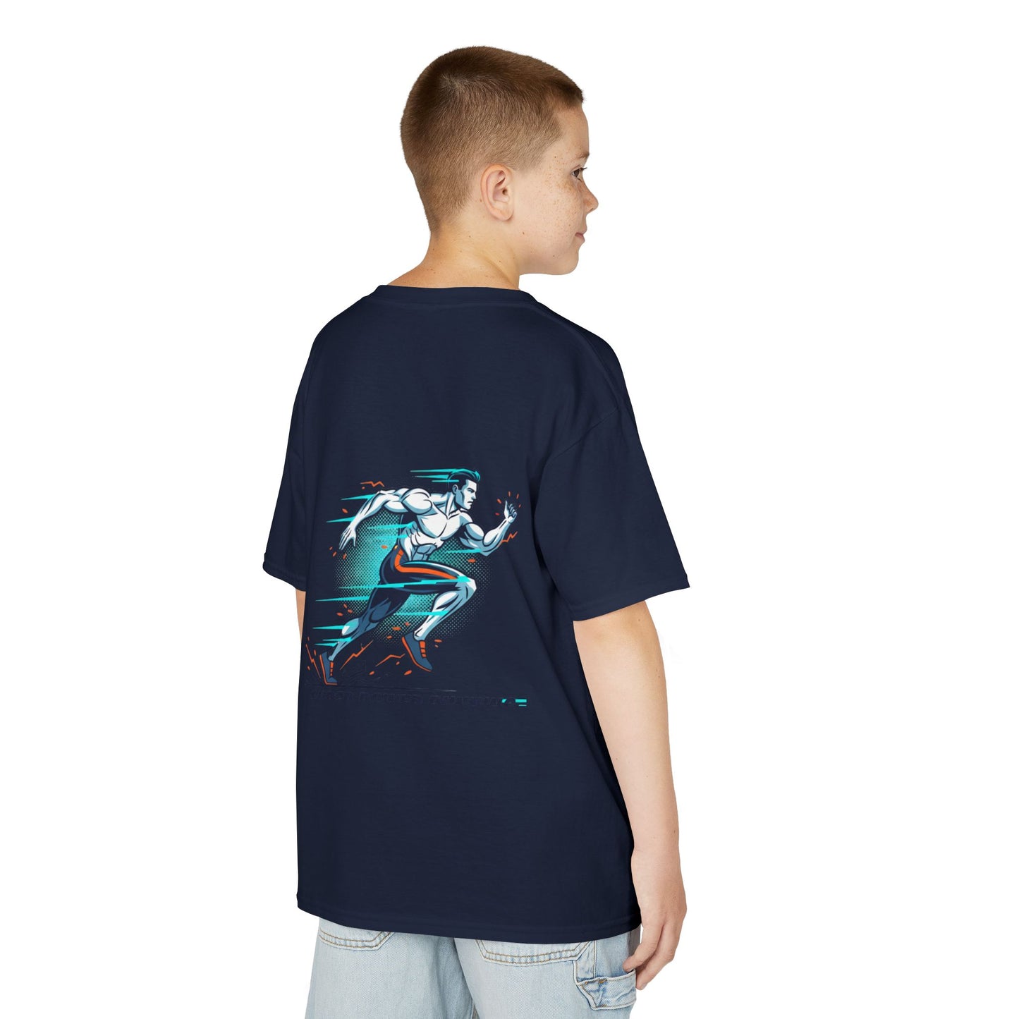 Kids Super Power T-Shirt — Lightning Bolt Badge & Running Superhero Graphic