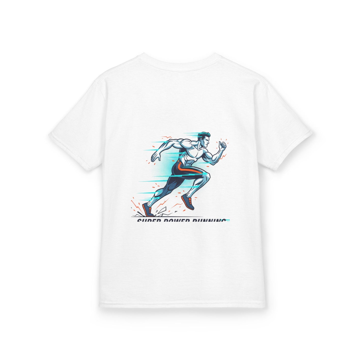 Kids Super Power T-Shirt — Lightning Bolt Badge & Running Superhero Graphic