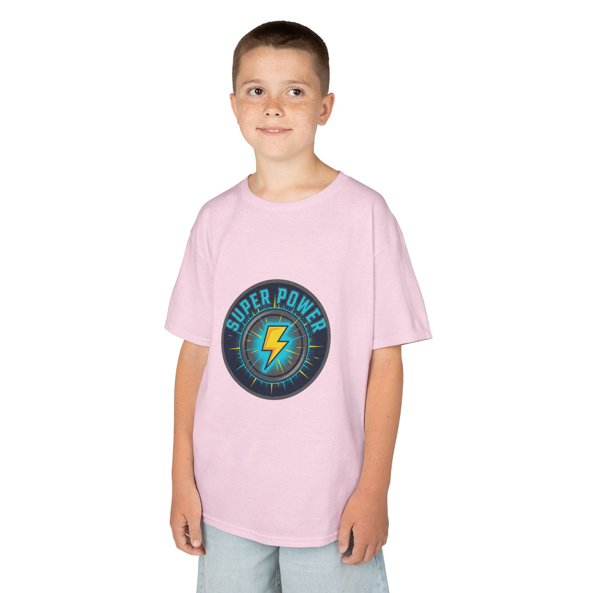 Kids Super Power T-Shirt — Lightning Bolt Badge & Running Superhero Graphic