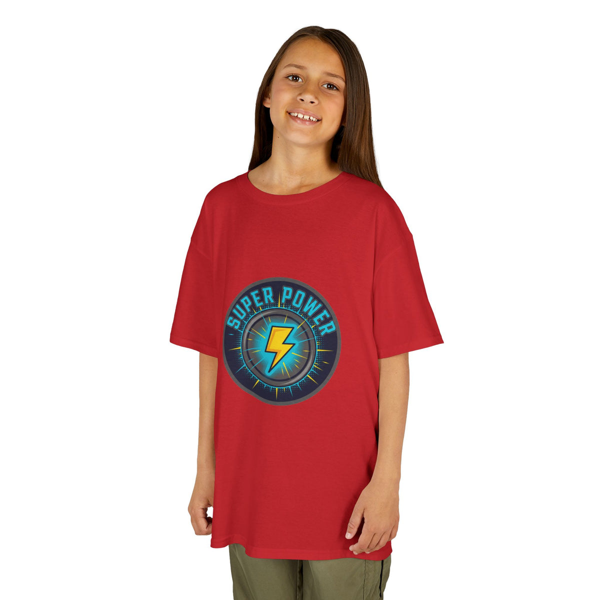 Kids Super Power T-Shirt — Lightning Bolt Badge & Running Superhero Graphic