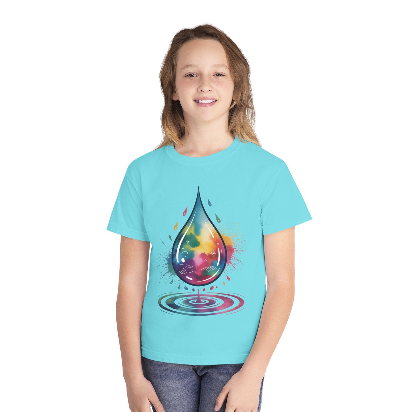 Colorful Nature Youth Tee - Artistic Water Droplet & Whimsical Deer Design