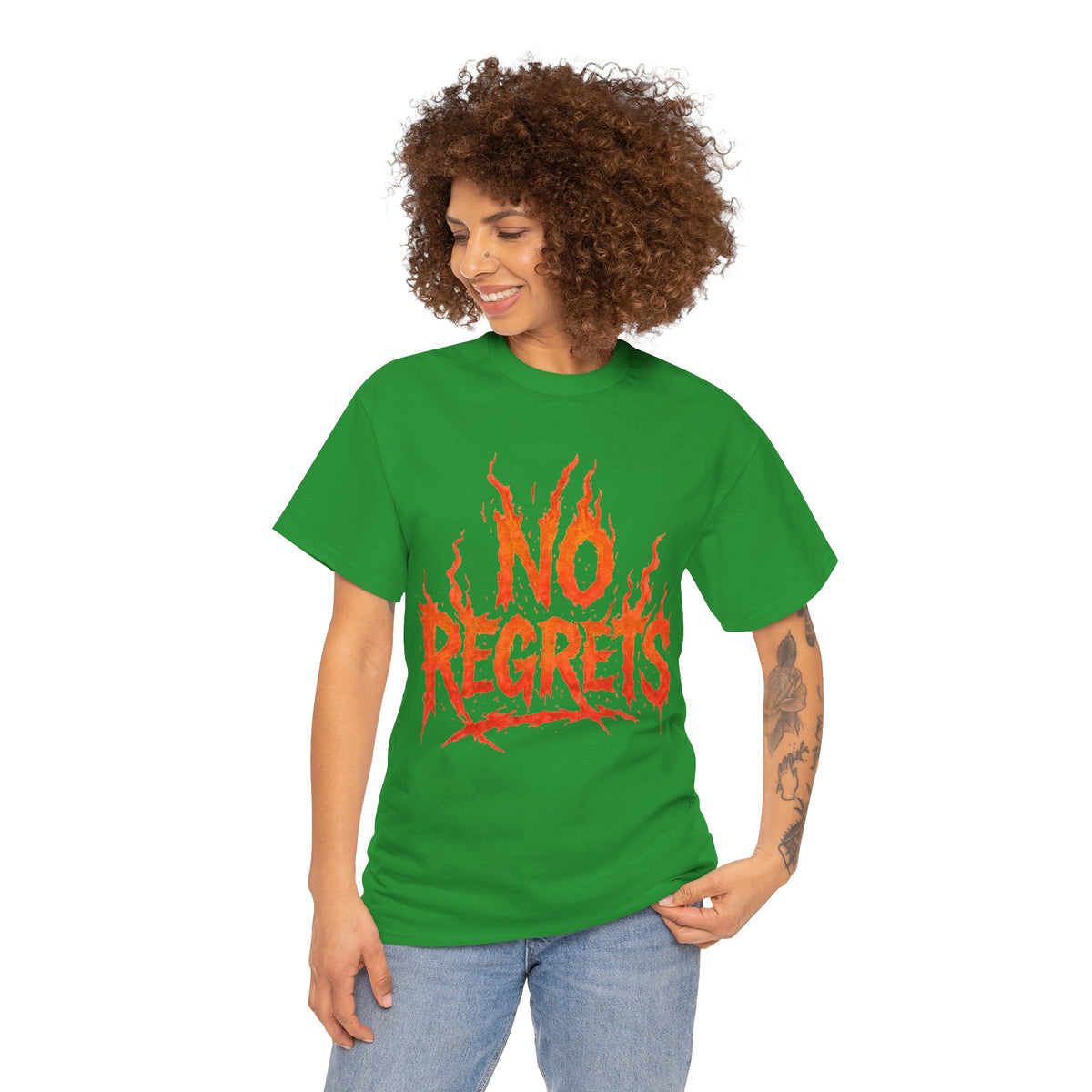 Graphic Tee — 'No Regrets' / 'Proof of Survival' Flame Text Shirt