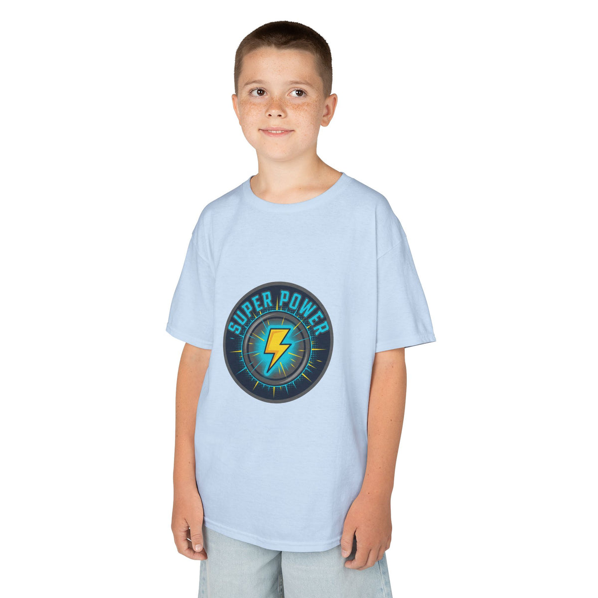 Kids Super Power T-Shirt — Lightning Bolt Badge & Running Superhero Graphic