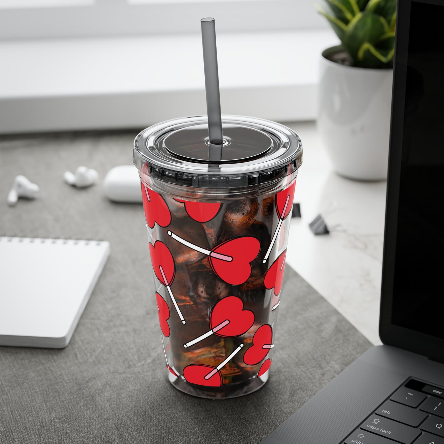 Heart Lollipop 16oz Tumbler with Straw — Valentine Candy Pattern Cold Cup