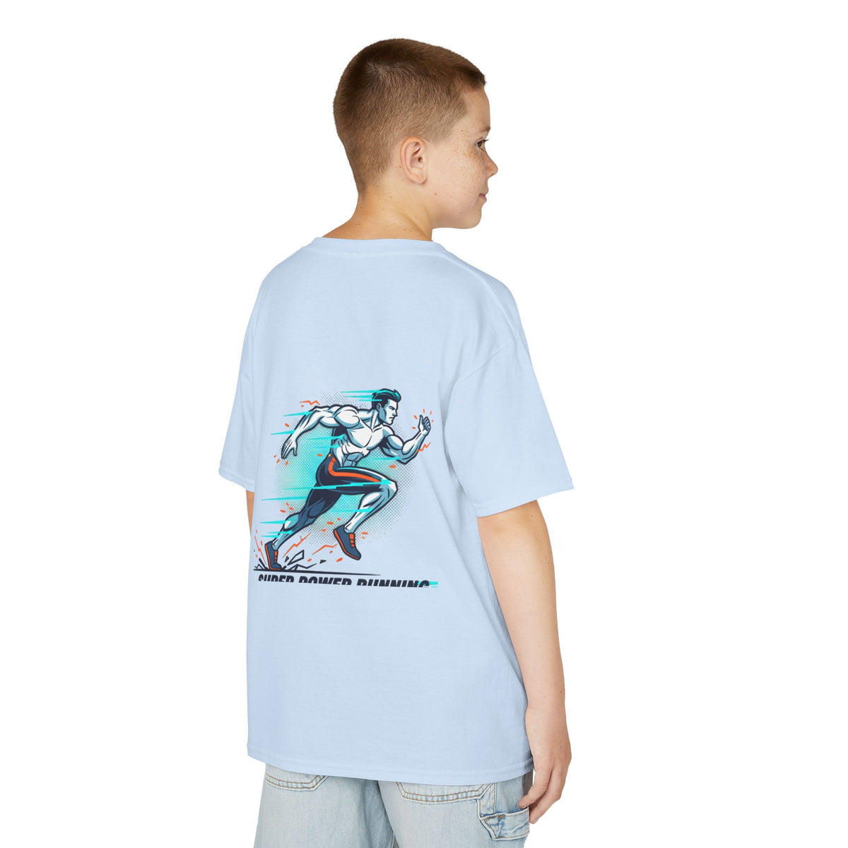 Kids Super Power T-Shirt — Lightning Bolt Badge & Running Superhero Graphic