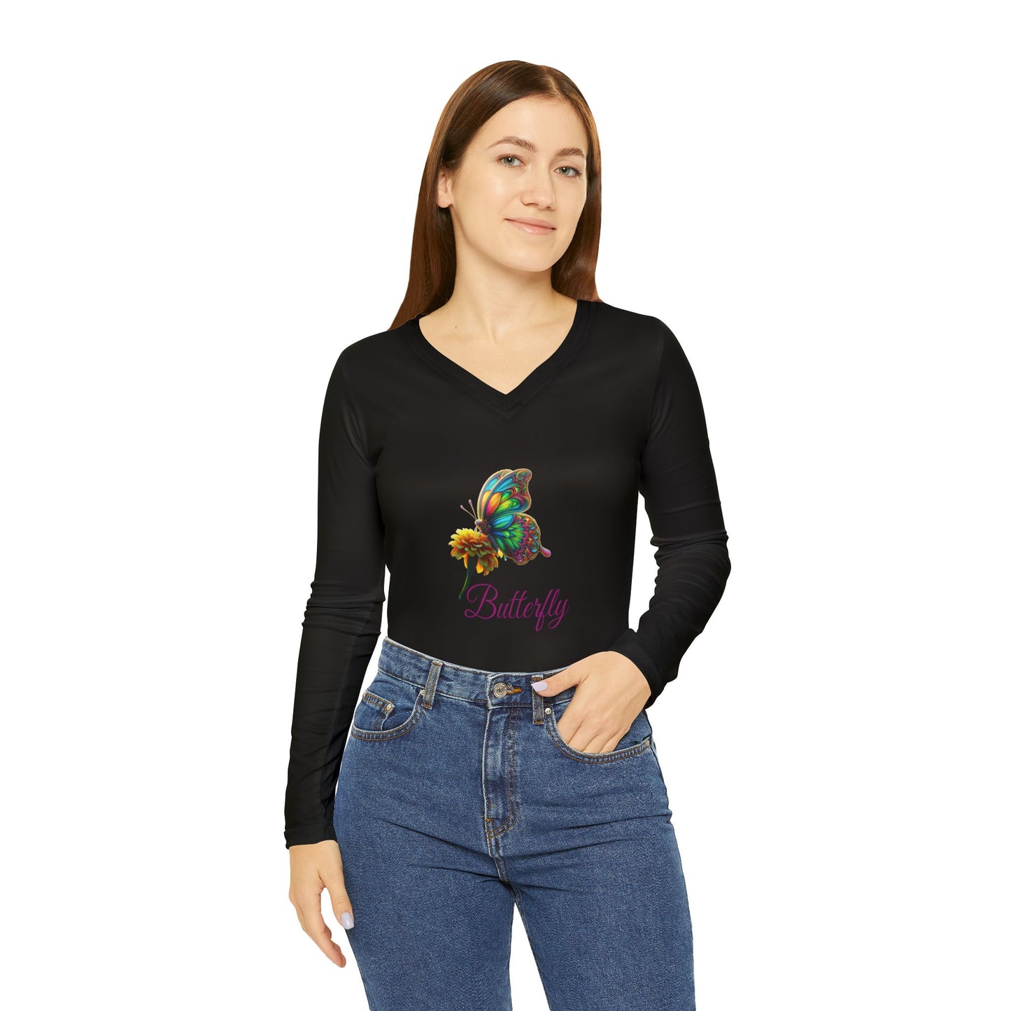 Women's Butterfly V-Neck Long Sleeve Shirt, Casual Top for Spring, Nature Lovers Gift, Floral Outfit, Boho Style