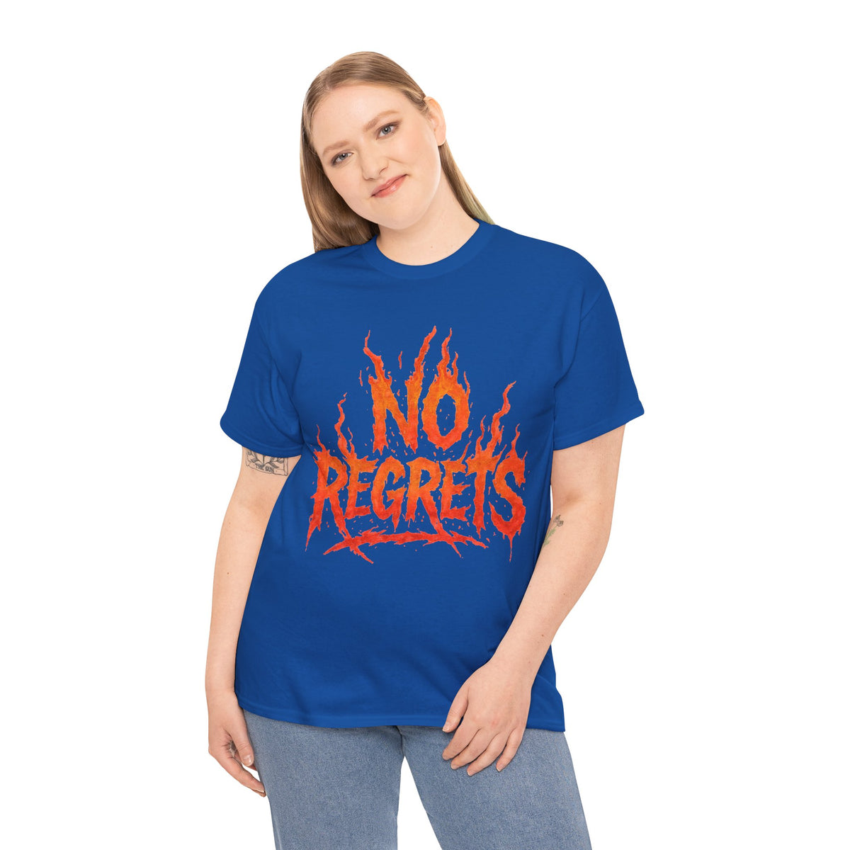 Graphic Tee — 'No Regrets' / 'Proof of Survival' Flame Text Shirt