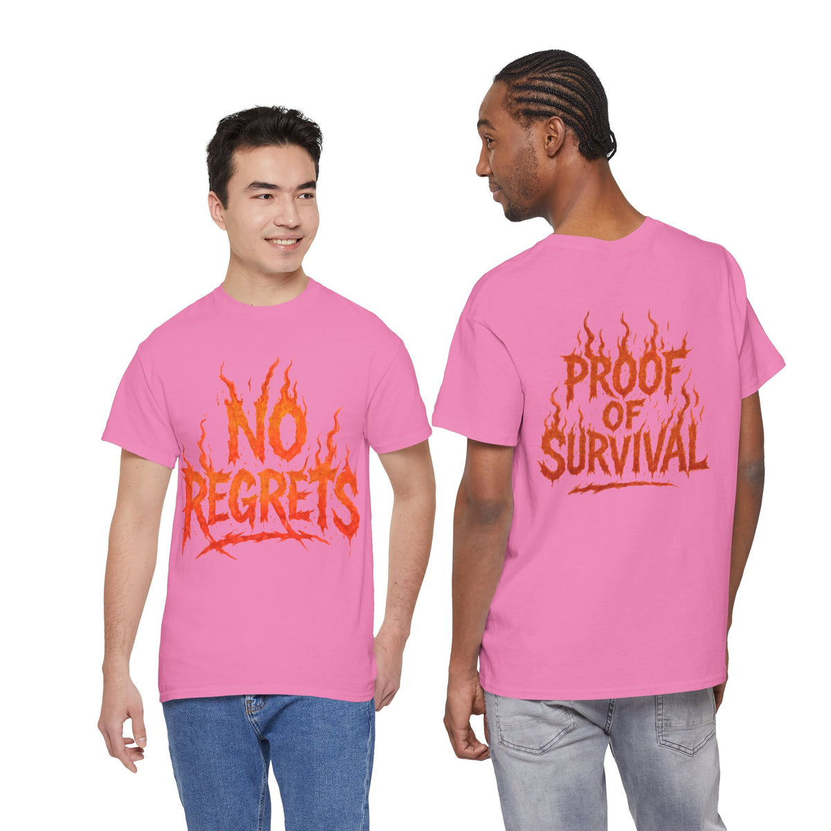Graphic Tee — 'No Regrets' / 'Proof of Survival' Flame Text Shirt