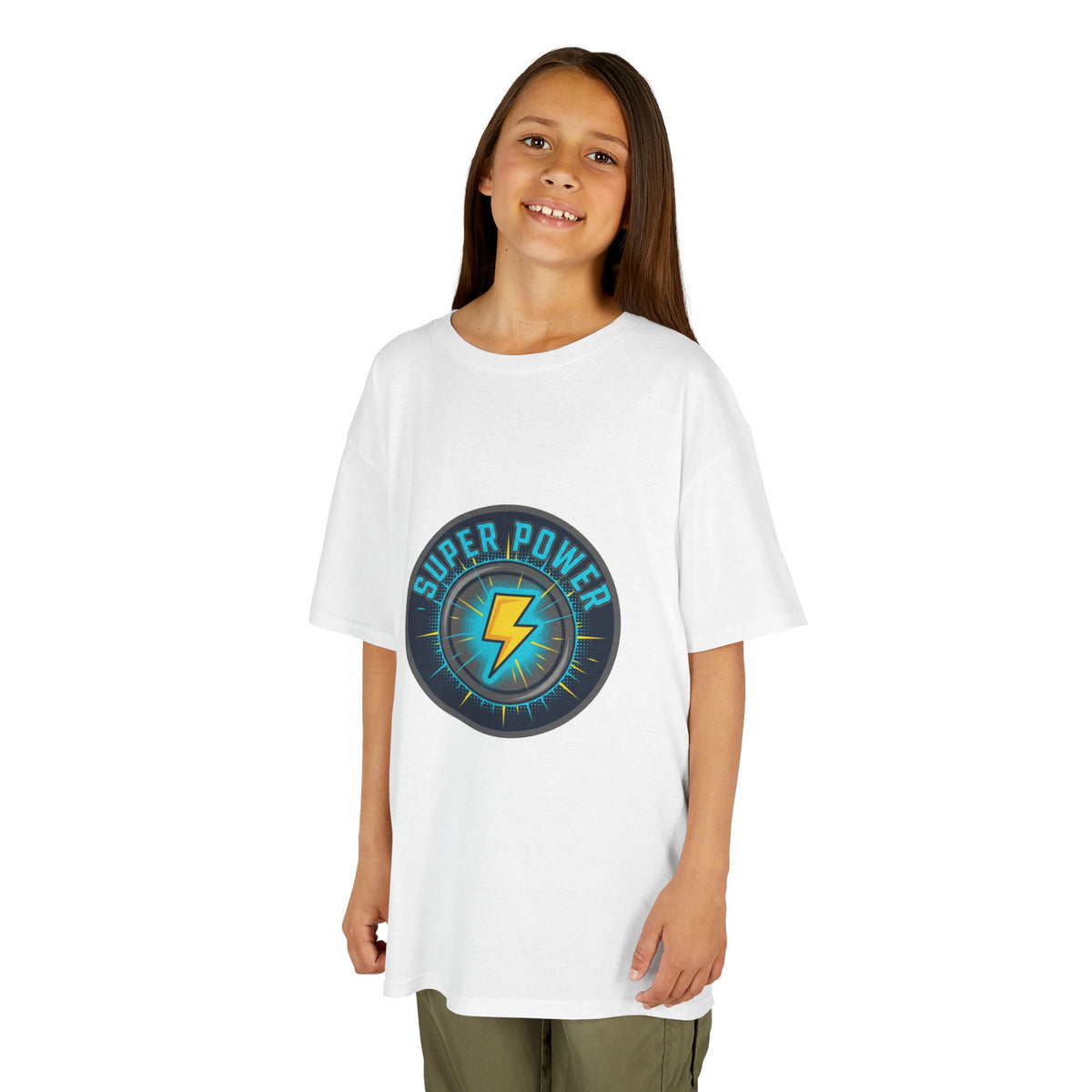Kids Super Power T-Shirt — Lightning Bolt Badge & Running Superhero Graphic