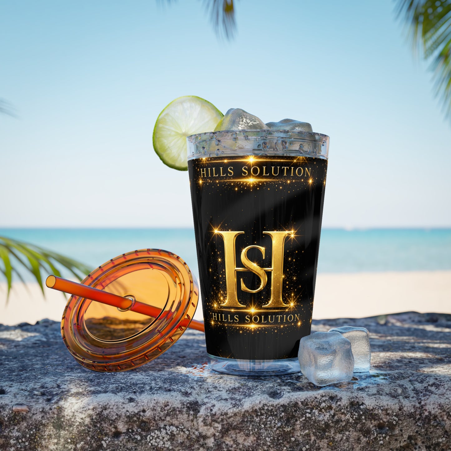16oz Sunsplash Straw Tumbler — Gold 'HS' Logo Insulated Cup