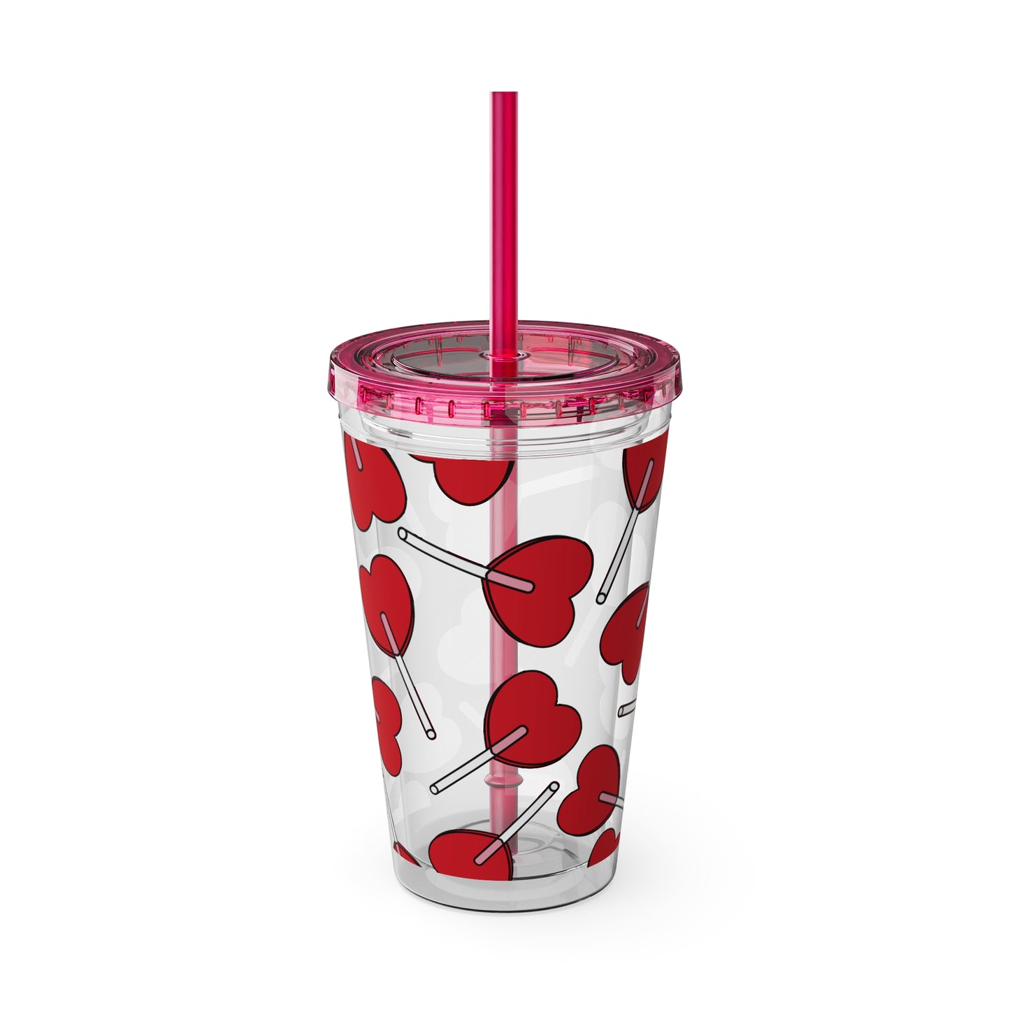 Heart Lollipop 16oz Tumbler with Straw — Valentine Candy Pattern Cold Cup