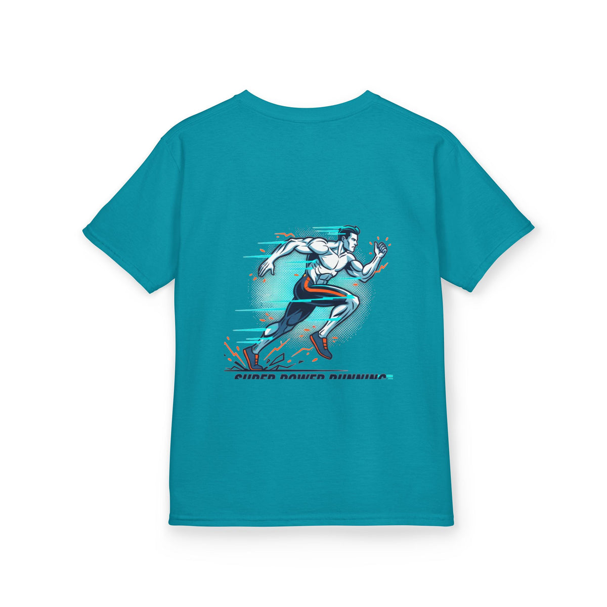 Kids Super Power T-Shirt — Lightning Bolt Badge & Running Superhero Graphic