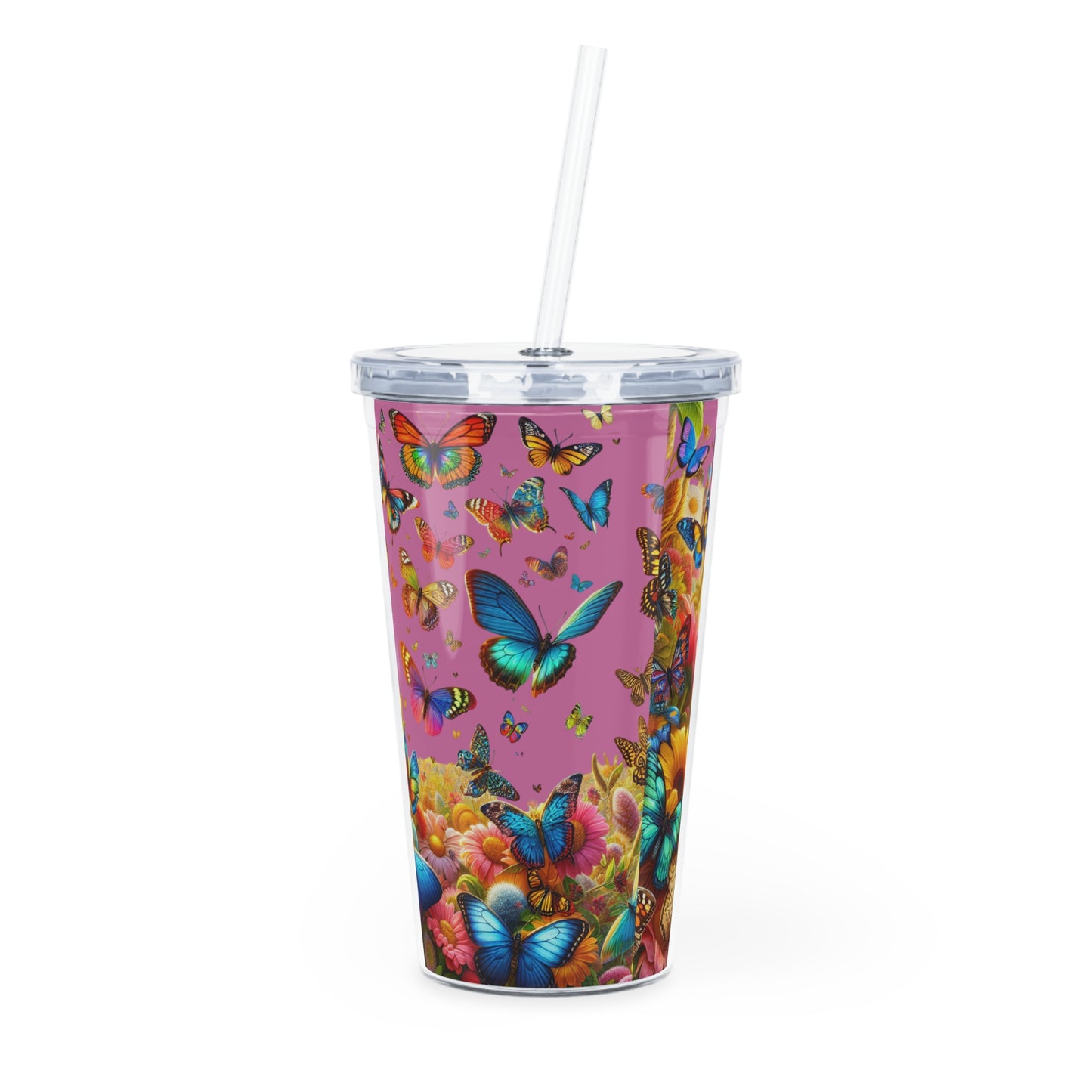 Butterfly Garden Plastic Tumbler with Straw — Colorful Fluttering Butterflies Design