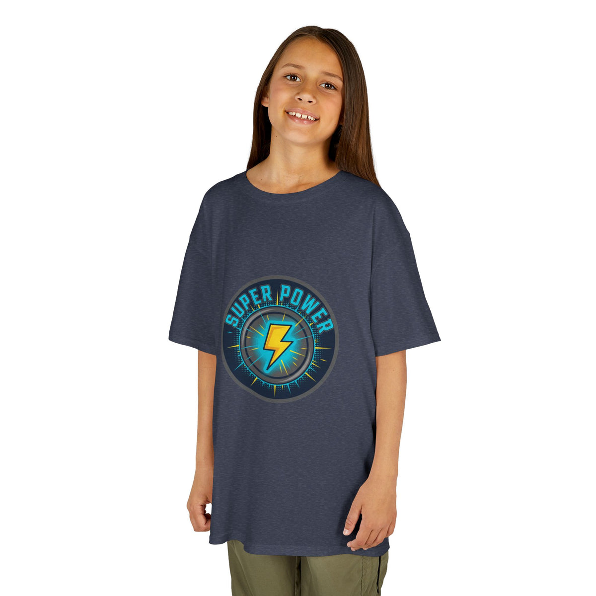 Kids Super Power T-Shirt — Lightning Bolt Badge & Running Superhero Graphic